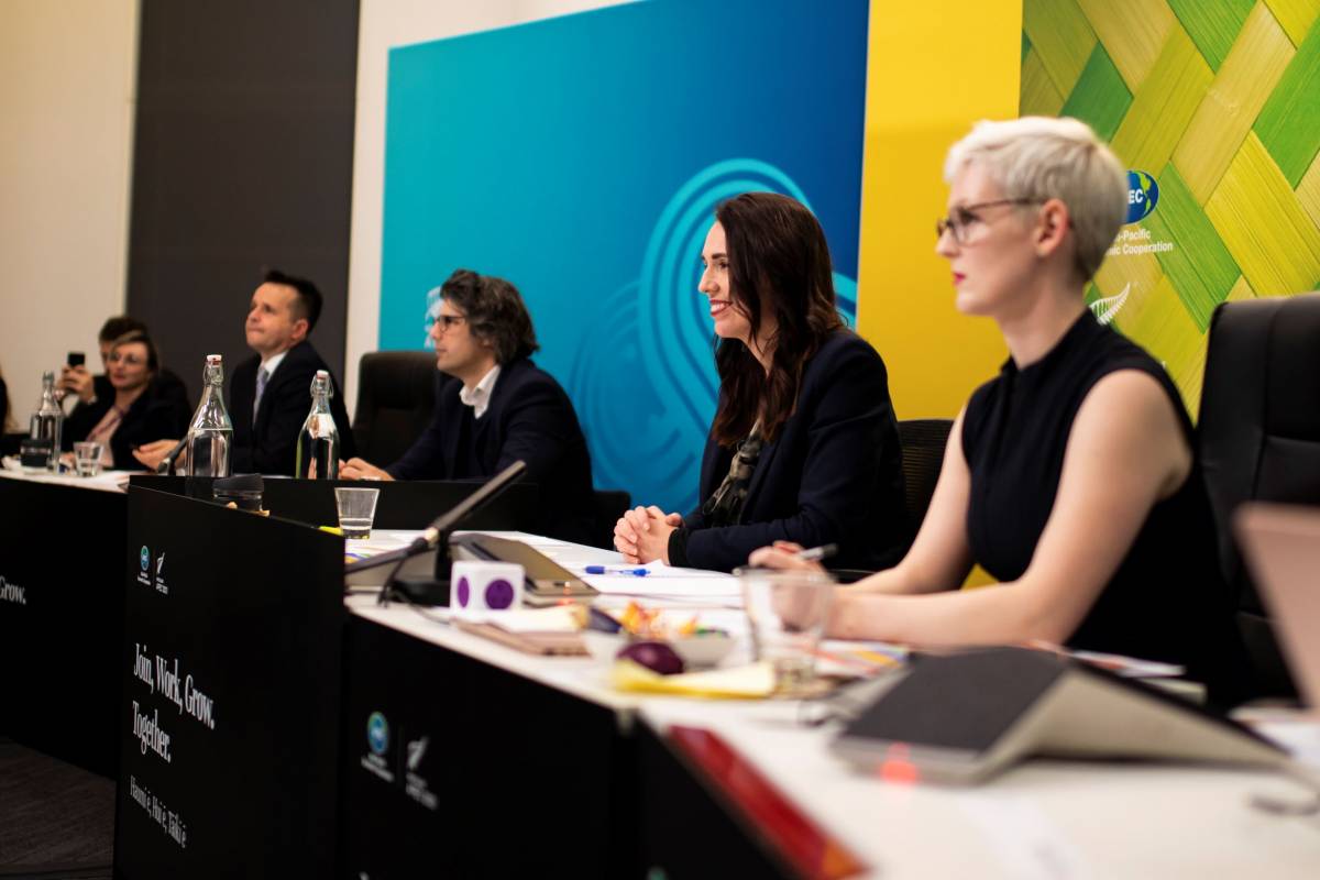 New Zealand Prime Minister Jacinda Ardern and APEC 2021 staff at the Informal Leaders' Retreat..