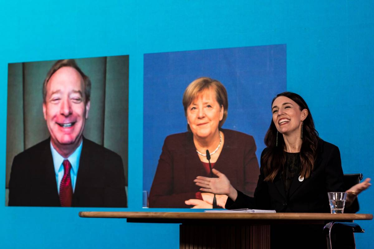 Brad Smith, Prime Minister Jacinda Ardern and German Chancellor Angela MerkeL talking video video conference.