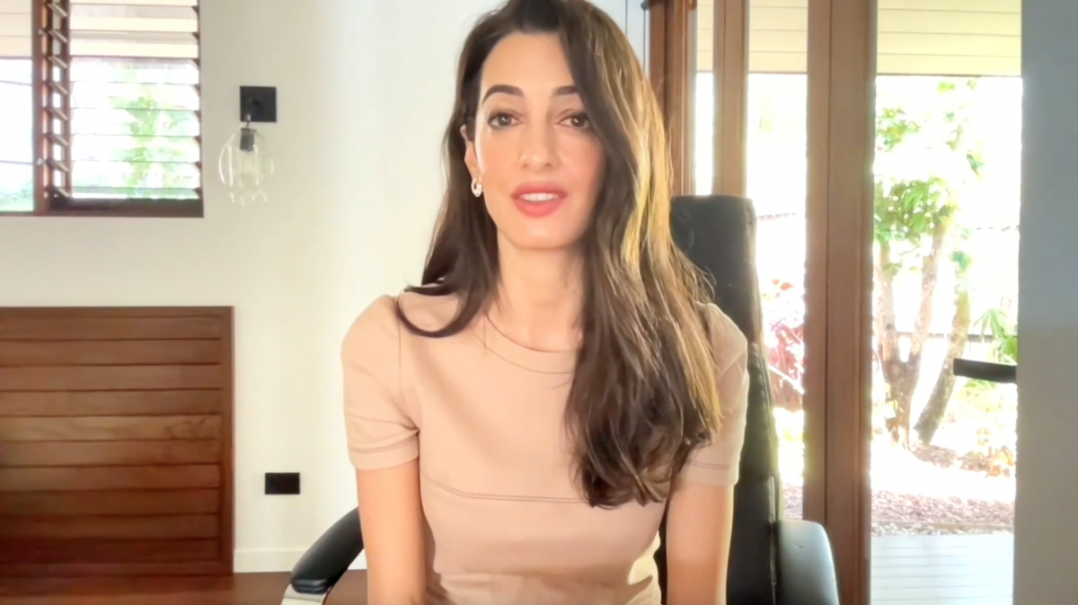 Human rights lawyer Amal Clooney giving her keynote speech at the APEC CEO Summit 2021. 