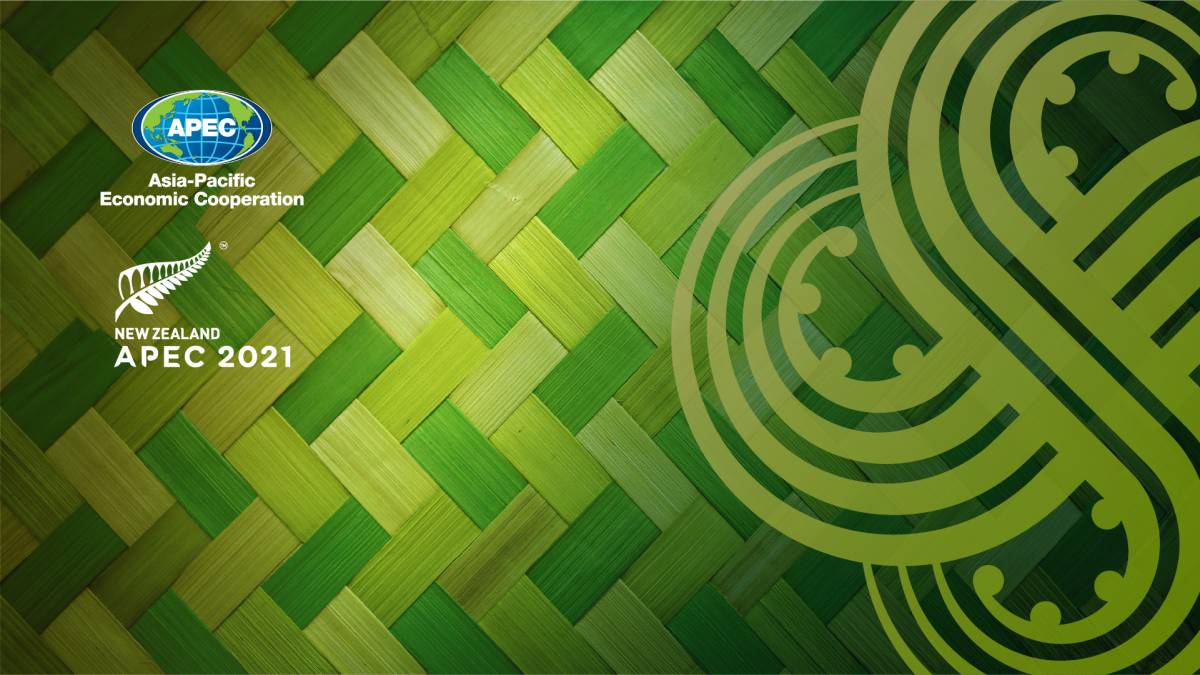 An example of one of the virtual backgrounds created for APEC 2021 illustrating the weaving together the people of the world..