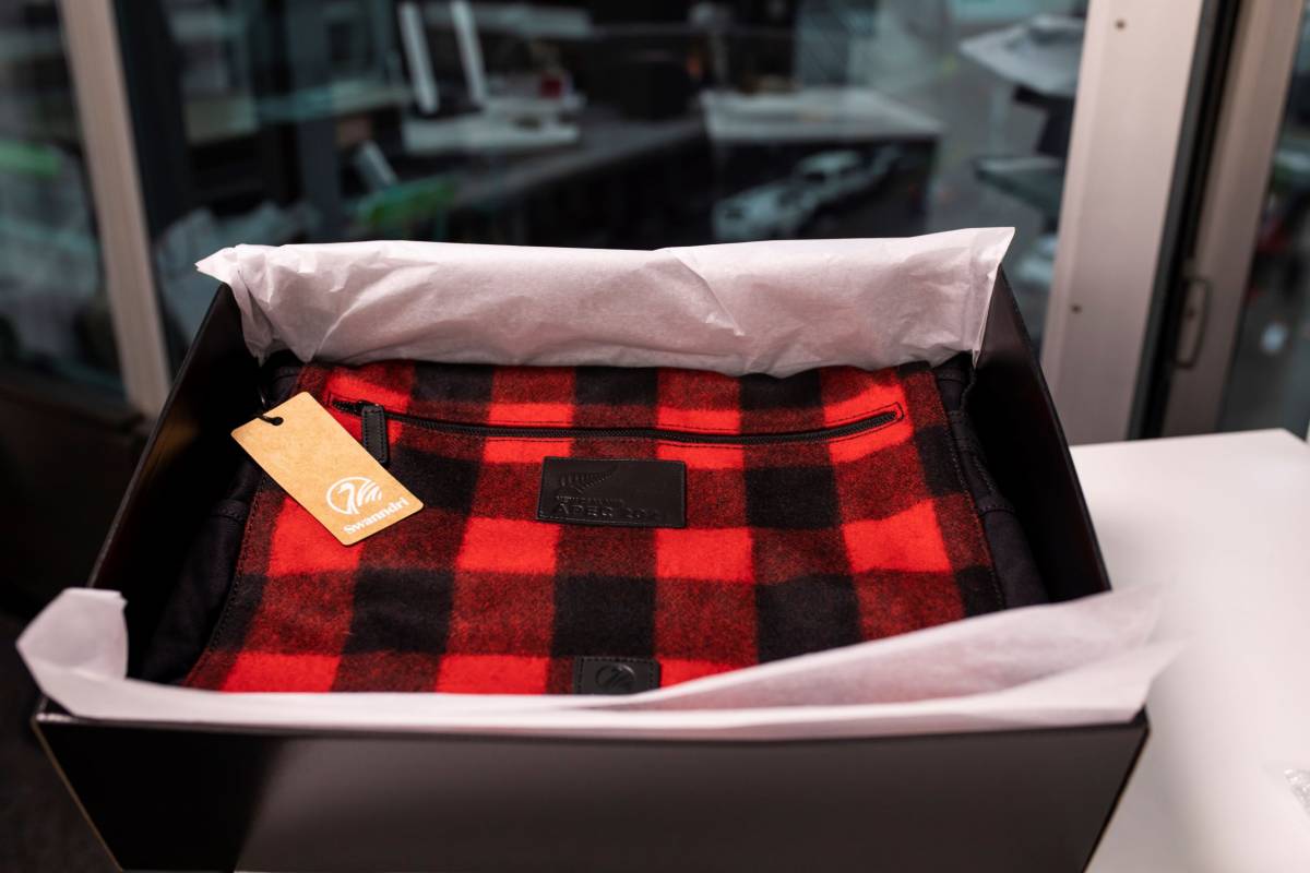 Close up photo of a Swandri brand woollen messenger bag..