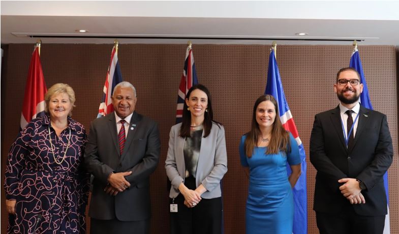 Prime Minister of Norway H.E. Erna Solberg, Prime Minister of Fiji Hon. Josaia Voreqe Bainimarama, NZ Prime Minister Rt. Hon. Jacinda Ardern, Prime Minister of Iceland H.E. Katrín Jakobsdóttir, and Vice Minister of Foreign Trade of Costa Rica Mr. Duayner . 