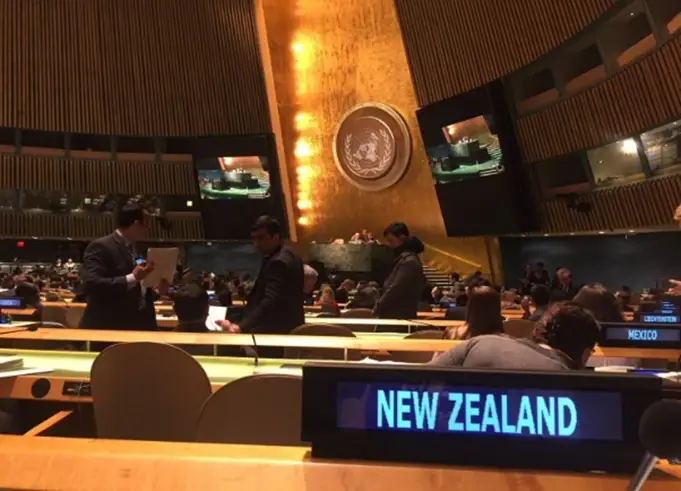 An image of New Zealand's seat at the World Trade Organisation meeting. .