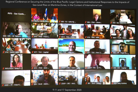 An image taken of a screen which shows participants of a virtual meeting, discussing how to protect maritime zones in the face of sea-level rise.. 