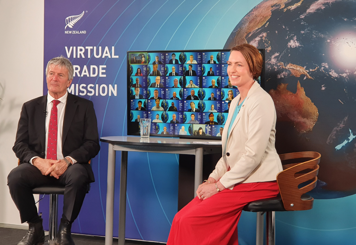 An image of Minister for Trade and Export Growth, Hon Damien O’Connor, with MFAT’s Japan and Koreas Unit Manager, Rachel Crump, speaking to participants at the Virtual Trade Mission to Japan.. 