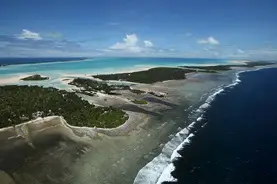 An aerial image of the coastline of Kiribati..