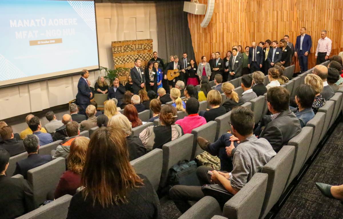 An image of around 120 participants attended the Annual Manatū Aorere/MFAT NGO Hui at the Tiakiwai Conference Centre in the National Library..