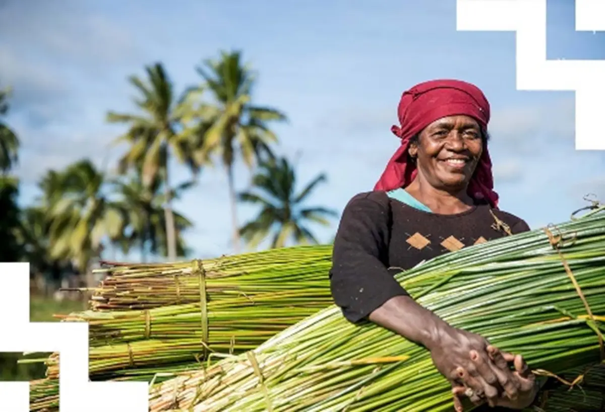 An image of a woman holding bundled crops. 