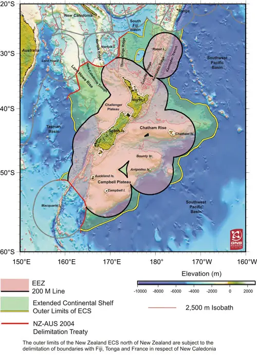 A map showing New Zealand's marine boundaries, including the extended continental shelf.. 