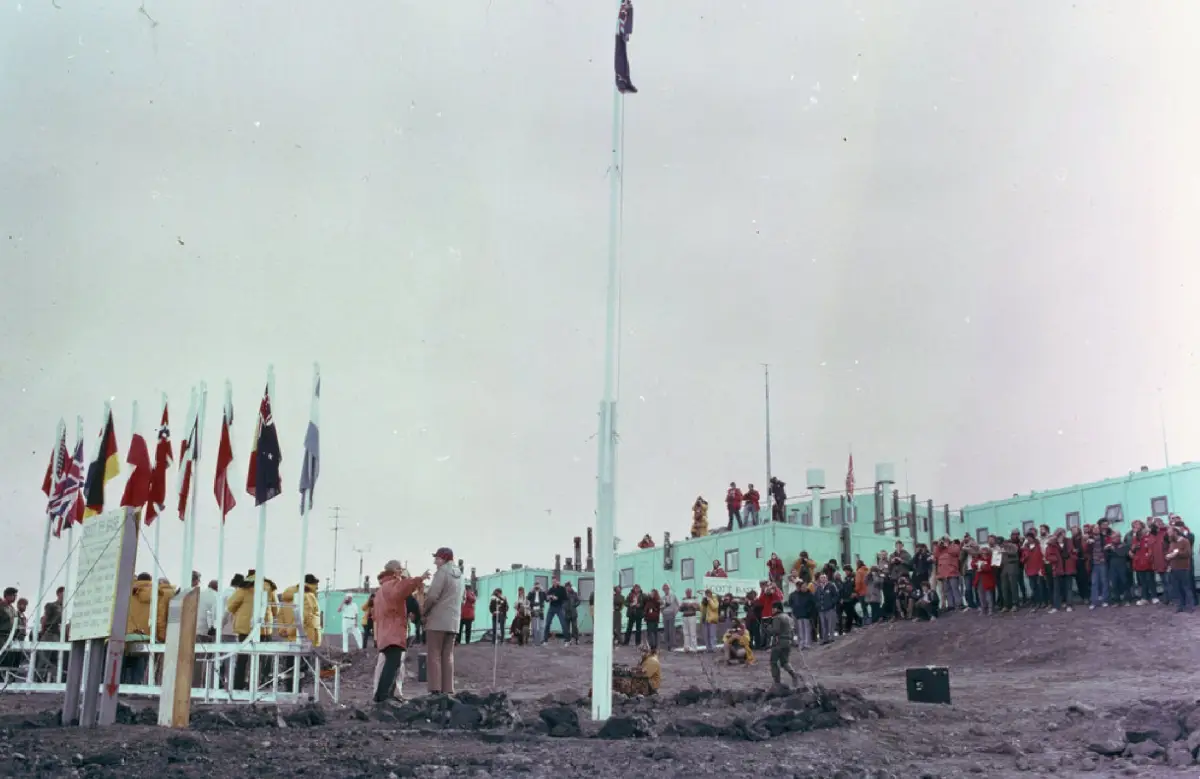 International flags flying at Scott Base for the Antarctic Treaty anniversary. 