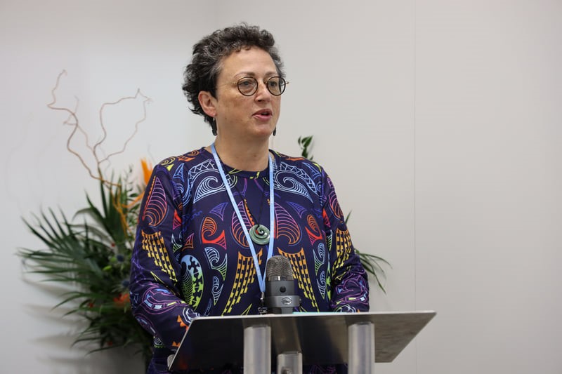 New Zealand Climate Change Ambassador Kay Harrison speaking at the Moana Blue Pacific Pavillion at COP26 in Glasgow, November 2022.. 