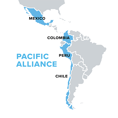 Map showing the Pacific Alliance countries of Mexico, Chile, Colombia and Peru. 