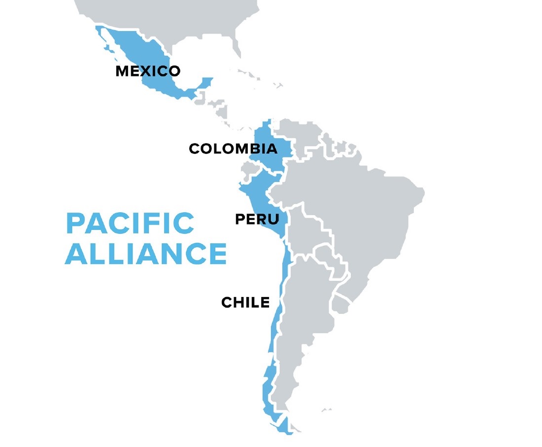 Map showing the Pacific Alliance countries of Mexico, Chile, Colombia and Peru. 