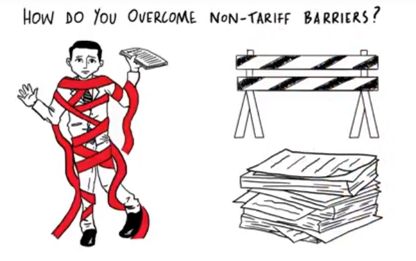 A graphic image depicting a man tangled in red tape, next to a barrier and a stack of documents. The header reads: "How do you overcome non-tariff barriers?".. 