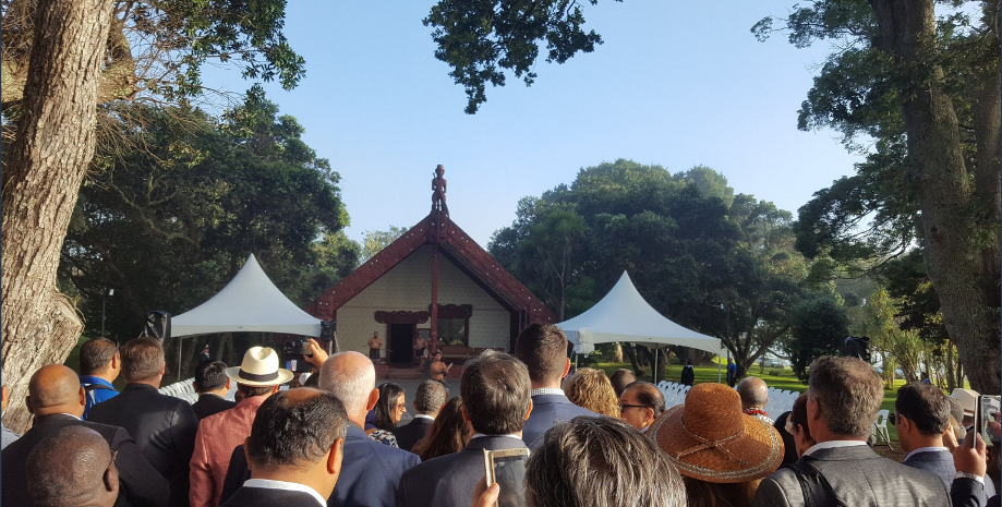An image of a group of people at a Marae.. 