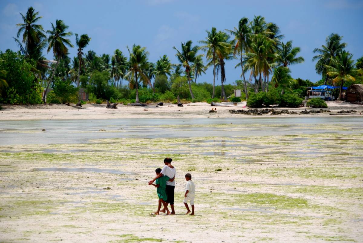 People walking along a beach. 