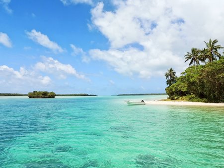 A boat anchored near a beach. 