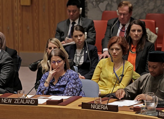 Deputy Permanent Representative Carolyn Schwalger supported by members of the New Zealand Security Council team in 2015.. 