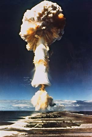 A mushroom cloud from a nuclear explosion. 