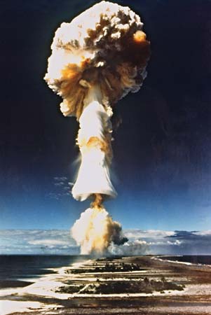 A mushroom cloud from a nuclear explosion.