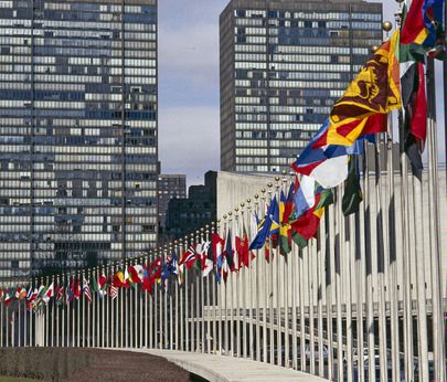 UN Flags outside UN Building.