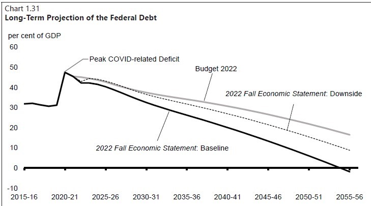 A graph showing the long term federal debt. 