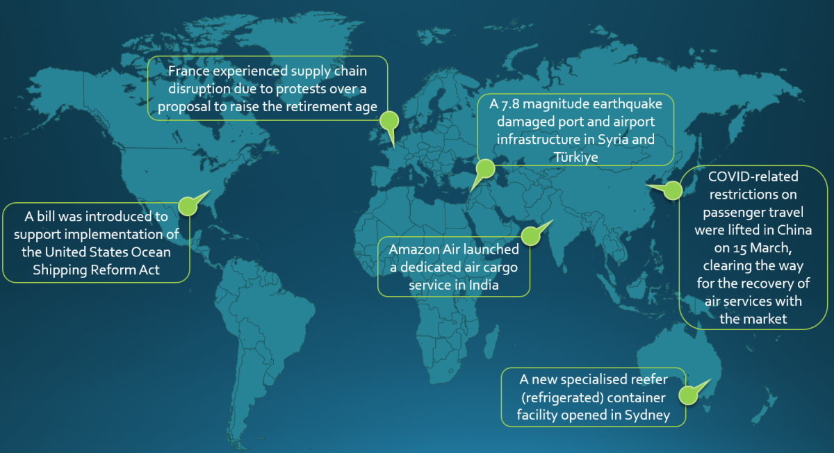 An graphic of the world map, with pins showing areas of mention in the report.. 