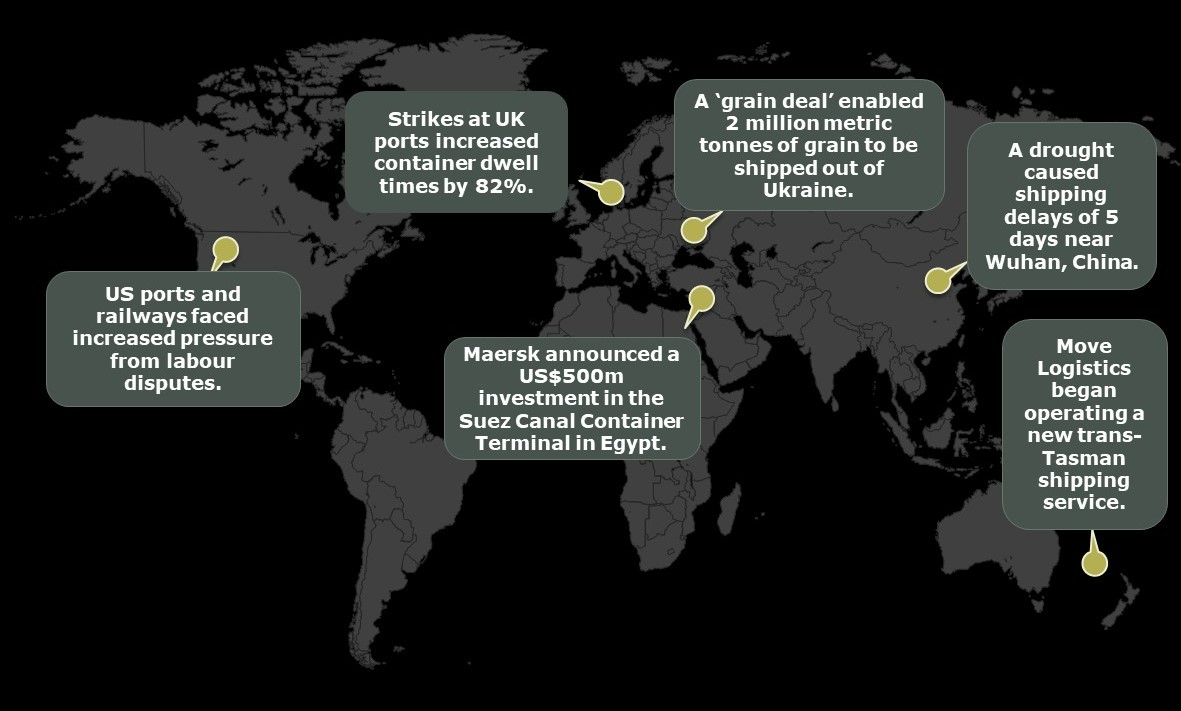 An image of the world map, with pins highlighting supply chain information in different regions.. 