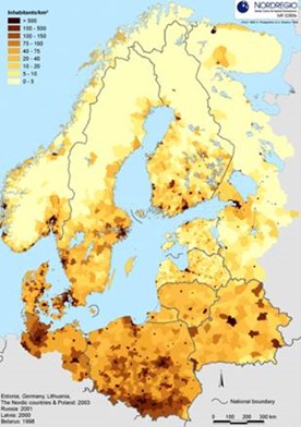 A map showing Sweden's population density..