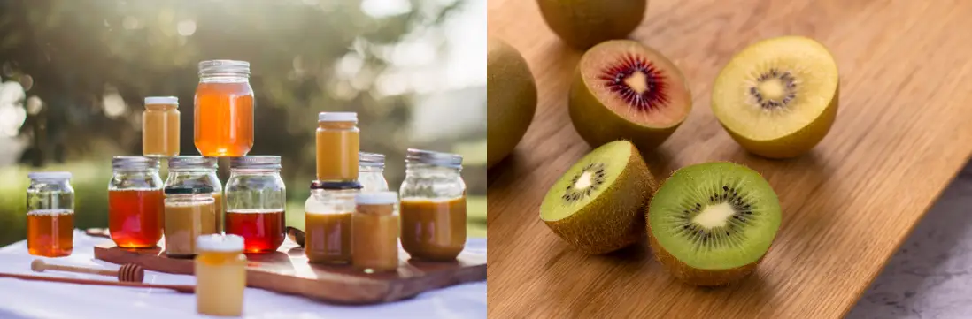 Generic image of fruit juice in glass jars and kiwifruit on a table. . 