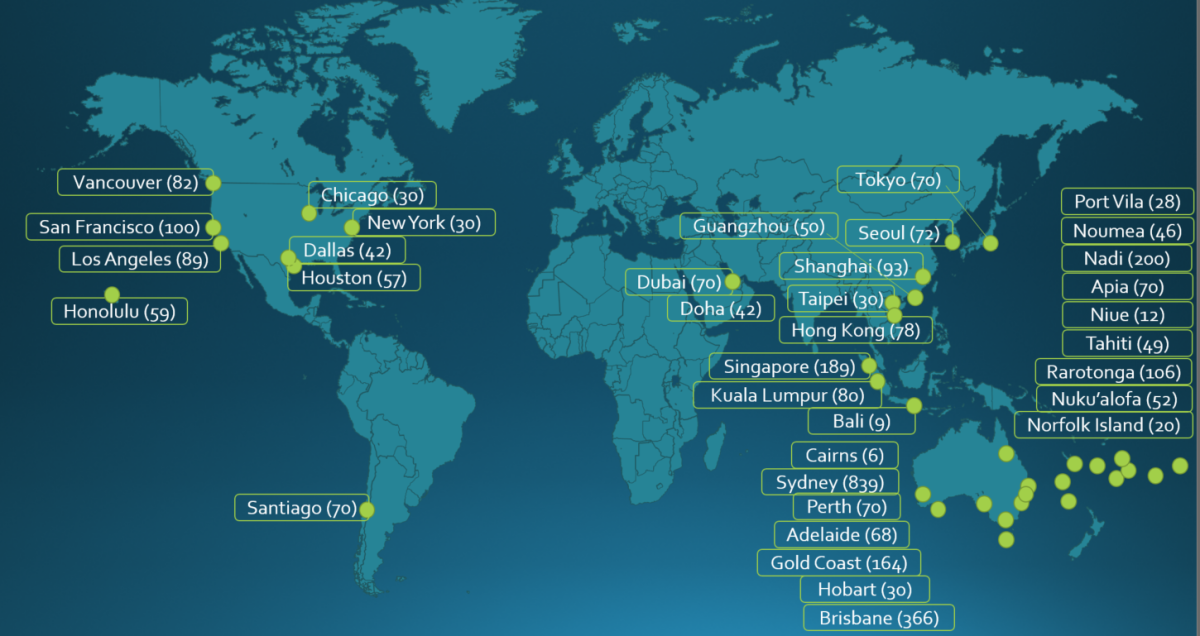 A graphic of the world map with pins showing Direct flights available to and from New Zealand in March 2023. 