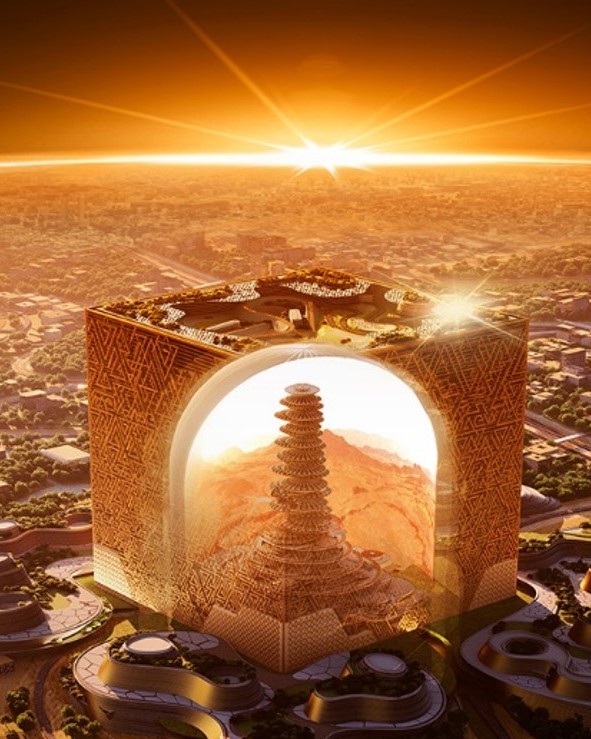 A futuristic apartment block. 