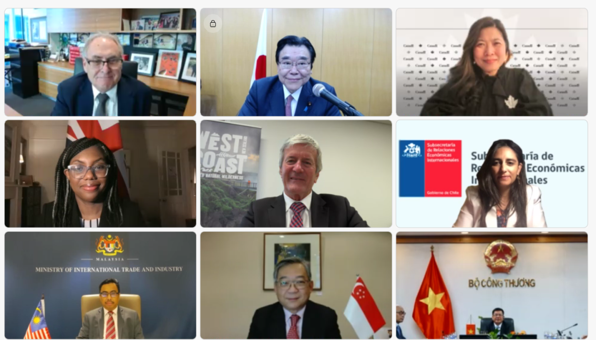 A screen-shot of eight CPTPP Ministers and Representatives in a virtual meeting with the UK Secretary of State for International Trade Kemi Badenoch.. 