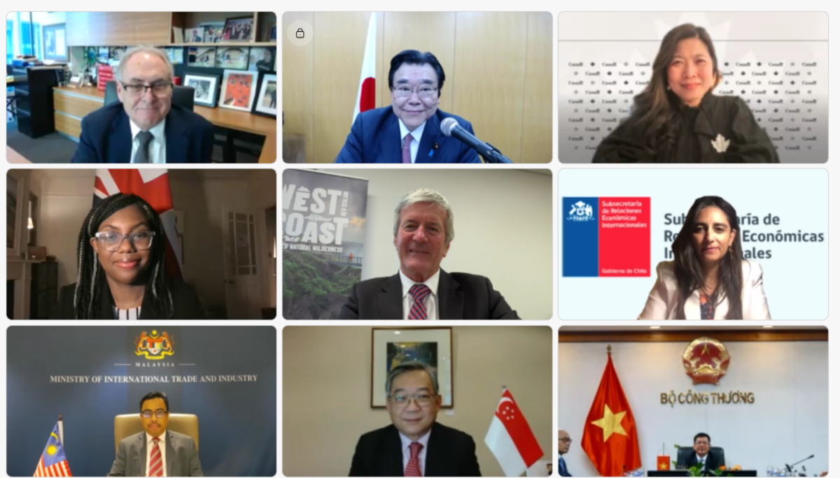 A screen-shot of eight CPTPP Ministers and Representatives in a virtual meeting with the UK Secretary of State for International Trade Kemi Badenoch..