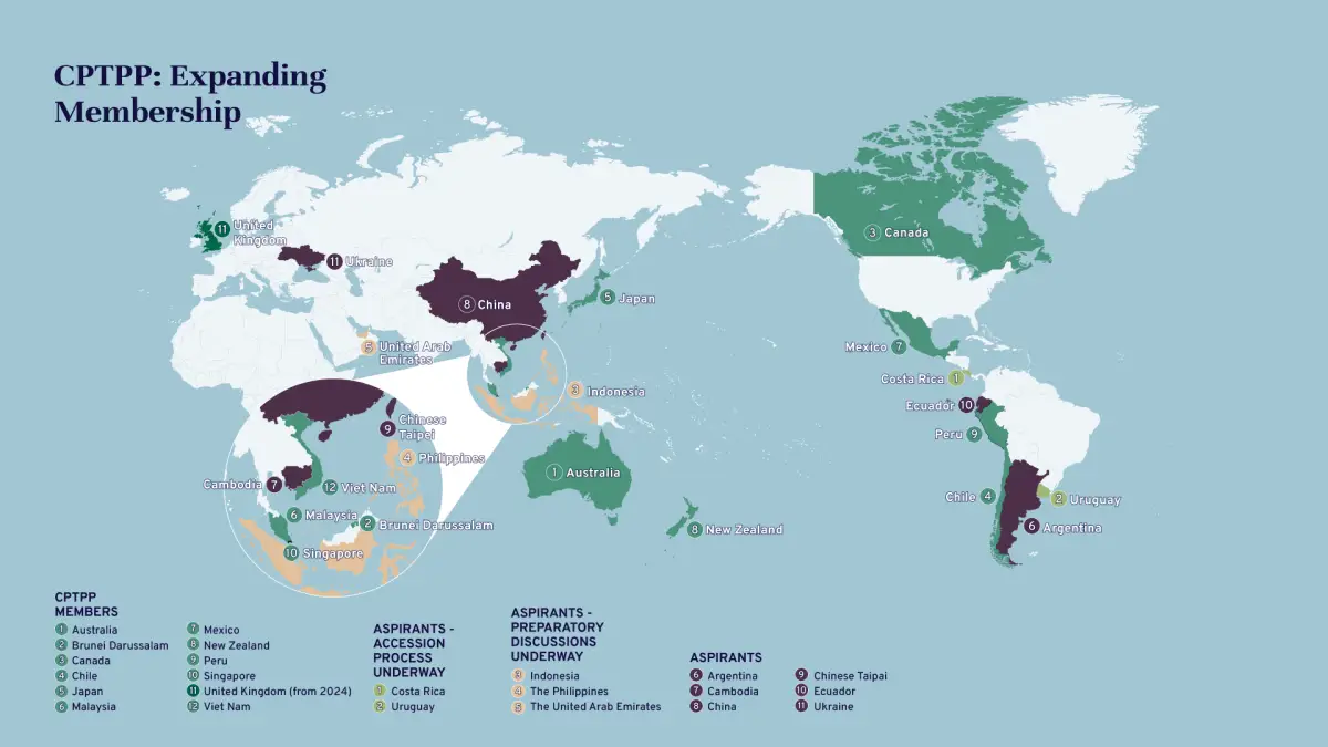 An infographic of the world map, with CPTPP member countries highlighted.. 