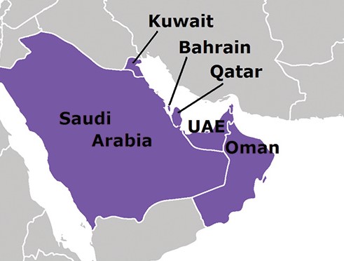 Map of GCC members; Saudi Arabia, Kuwait, Bahrain, Qatar, UAE and Oman. . 