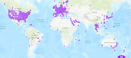 An image of the world map, with 5G connectivity points across the world highlighted. .