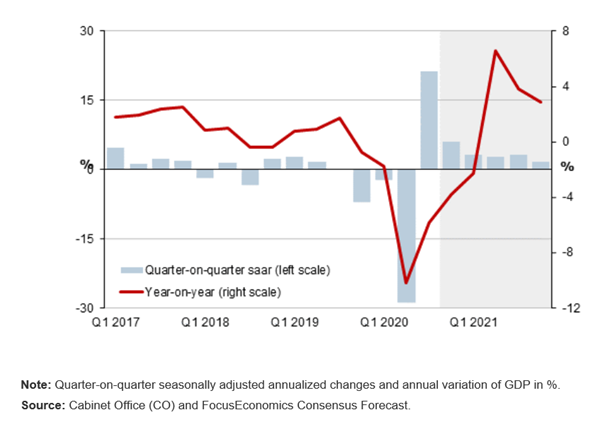 A graph showing quarter-on-quarter annualised variation of Japan's GDP percentage.. 
